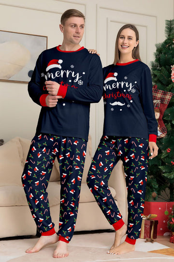 Conjunto de pijamas a juego con estampado de feliz Navidad en azul marino